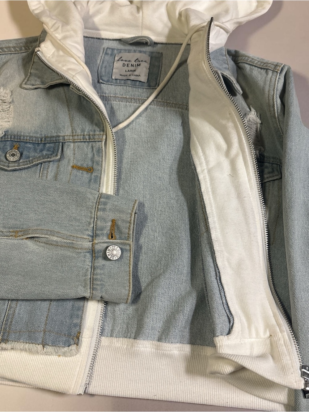 Love Tree Light Blue Denim Jacket with White Hood - Picture 2 of 8
